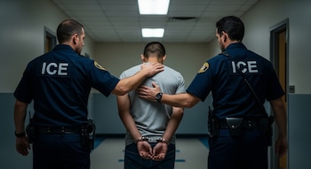 Dos agentes del ICE con uniformes oscuros escoltan a un hombre esposado, visto de espaldas, por un pasillo iluminado. Las manos del hombre están sujetas con grilletes.