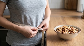 Torso de una persona con camiseta gris midiendo su cintura con una cinta métrica. A la derecha, un tazón con almendras, nueces y anacardos en una encimera de madera.