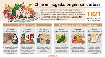 Infografía con un plato de chile en nogada, frutas, granos de maíz y seis secciones ilustradas con textos explicativos.