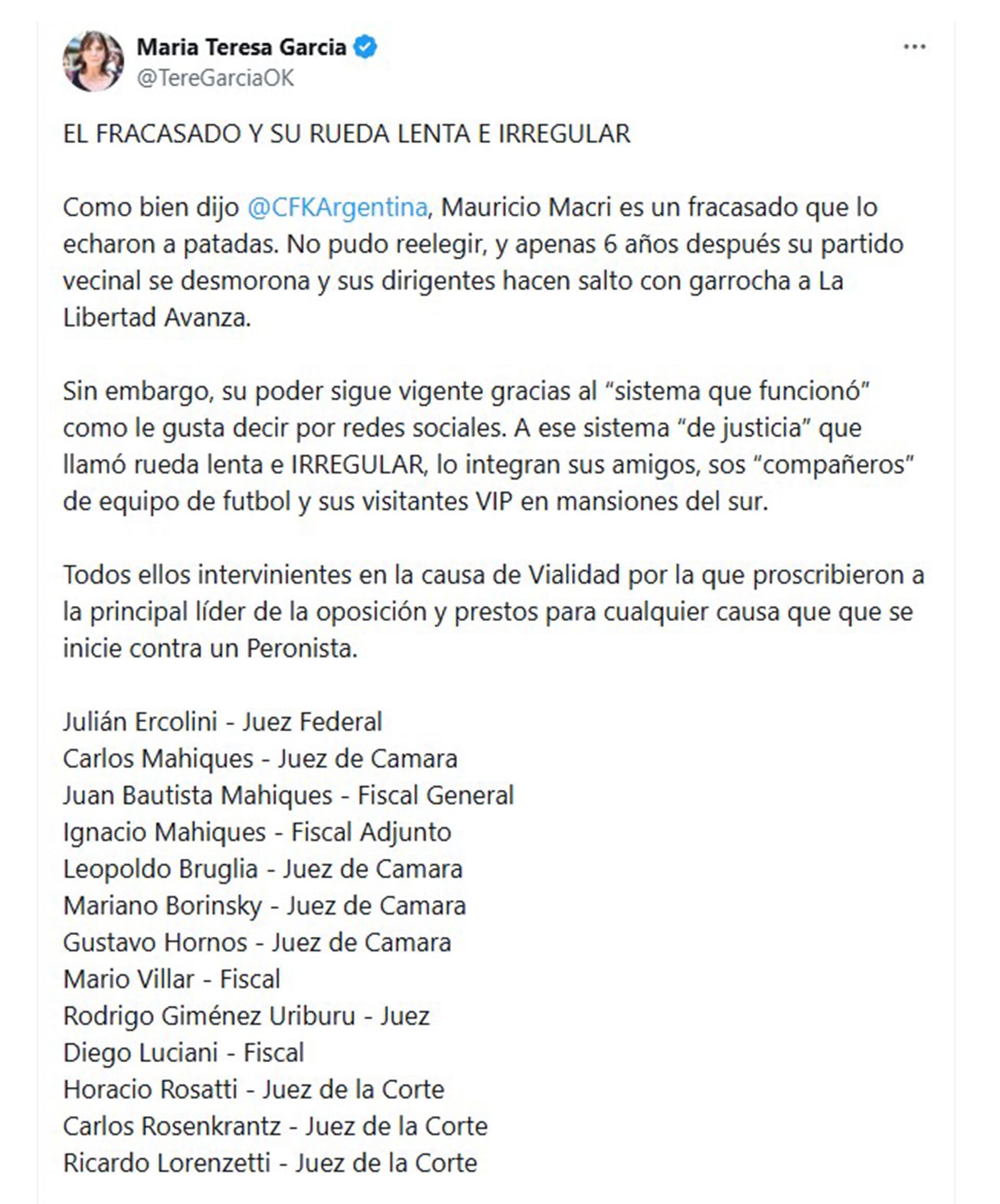 María Teresa García criticó a los jueces que actuaron en la Causa Vialidad.