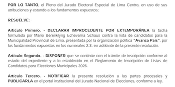 Documento de texto con una resolución del Jurado Electoral Especial de Lima Centro. Declara improcedente una tacha y dispone continuar el trámite de inscripción