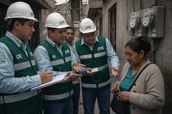 Tres técnicos de CFE con cascos y chalecos verdes interactúan con una mujer en un callejón, cerca de medidores eléctricos en una pared de concreto.