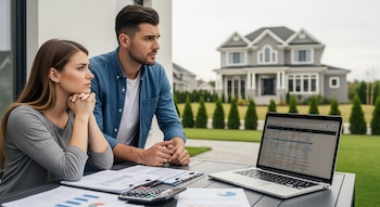 Joven pareja en una mesa al aire libre con un computador portátil, una calculadora y documentos financieros. Al fondo se ve una casa suburbana grande.