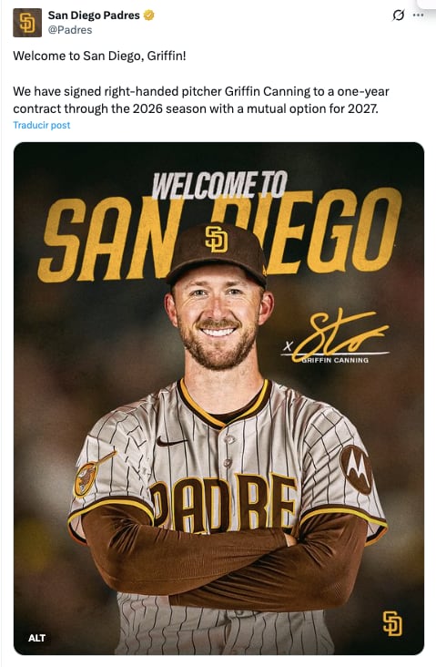 La llegada del lanzador Griffin Canning obliga al equipo de San Diego a ajustar su roster de 40 jugadores en Grandes Ligas. (X/ @Padres)