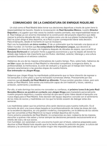 La nota oficial subraya la prioridad de contactar a Klopp si gana las elecciones
