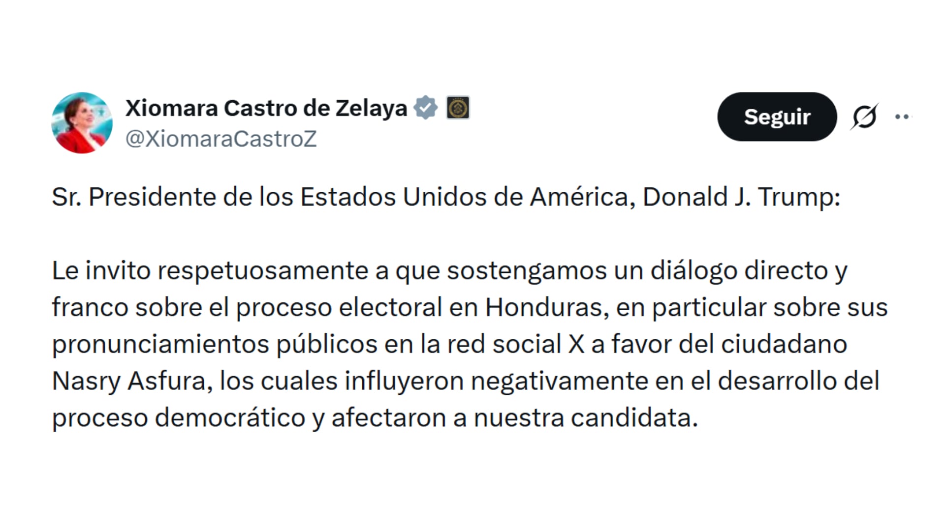 Parte del mensaje de Xiomara Castro a Donald Trump (X)