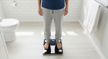 Vista frontal de una persona de pie descalza sobre una balanza digital negra en un baño blanco y luminoso. La balanza muestra 75.2.