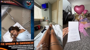 Mujer en cama de hospital sonríe con texto; piernas de mujer con vías en hospital; mano con tarjeta y canasta de regalo con globo en forma de corazón