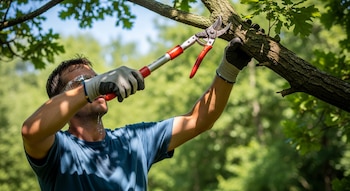 Un hombre con gafas de seguridad y guantes poda una rama de árbol con tijeras grandes en primer plano. Goteo de sudor en su rostro, con vegetación verde de fondo.
