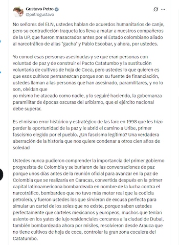 El presidente Gustavo Petro rechazó la masacre perpetrada por el ELN en Ábrego y señaló al grupo armado de integrar el "genocidio político" de la UP, por el asesinato de un líder social militante del partido - crédito @petrogustavo/X