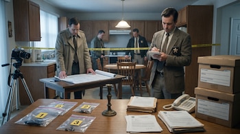 Detectives junto a una mesa con bolsas de evidencia numeradas, documentos, una cámara en trípode y cinta de cordón policial.