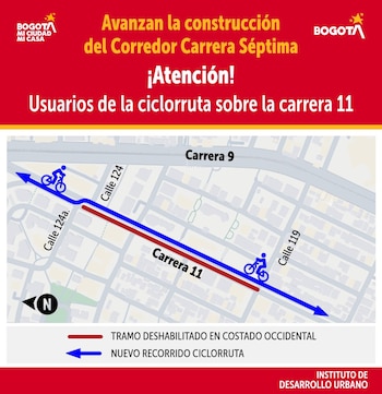 Los vehículos que van en sentido norte-sur por la carrera Séptima deberán cambiar de calzada desde la calle 119 y conservarán dos carriles por sentido - crédito Secretaría de Movilidad/IDU