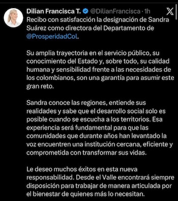Dilian Francisca Toro respalda el nombramiento de Sandra Suárez en Prosperidad Social - crédito @DilianFrancisca/ X