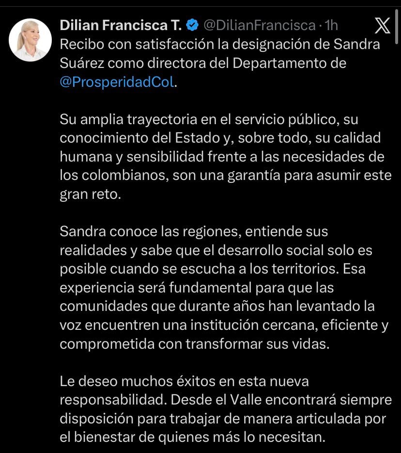 Dilian Francisca Toro respalda el nombramiento de Sandra Suárez en Prosperidad Social - crédito @DilianFrancisca/ X