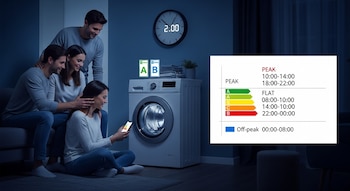 Cuatro personas sonrientes en un salón. Una mujer sentada frente a una lavadora clase A y B mira su móvil, con un reloj marcando las 2:00 a.m. y un gráfico de tarifas eléctricas.
