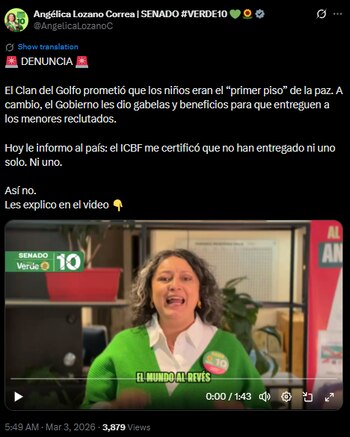 Angélica Lozano denunció beneficios al Clan del Golfo pese a incumplir entrega de menores reclutados - crédito @AngelicaLozanoC/X