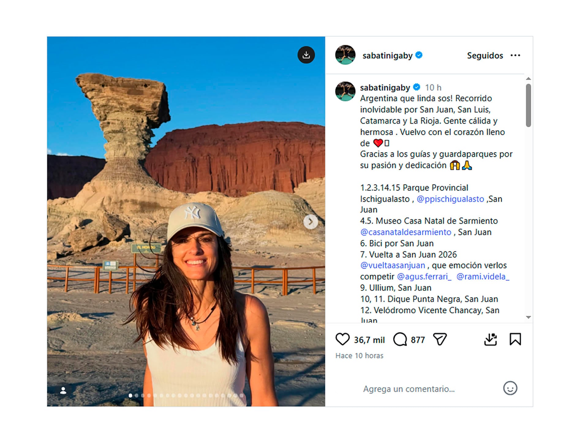 Gabi Sabatini disfrutó de unas vacaciones por San Juan, San Luis, Catamarca y La Rioja.(@sabatinigaby)