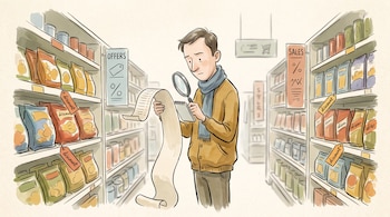 Ilustración de un hombre con lupa, libreta y una lista de compras larga entre estantes de supermercado con carteles de descuento.