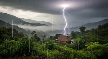 Paisaje montañoso con vegetación frondosa, una casa de paja en el centro, lluvia cayendo, nubes oscuras y un rayo impactando sobre la casa.