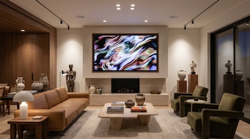 Sala de estar de lujo con sofá de cuero marrón, dos sillones verdes, y una gran pantalla OLED enmarcada sobre una chimenea. La pantalla muestra arte digital abstracto.