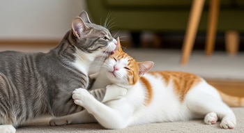 Dos gatos: uno atigrado gris lame a otro blanco y naranja mientras forcejean en el suelo alfombrado. Fondo desenfocado.