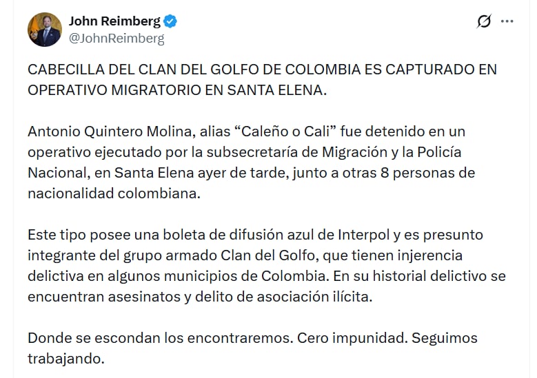 Además de alias Caleño, otros ocho colombianos fueron capturados, según detalló el ministro Reimberg - crédito @JohnReimberg/X