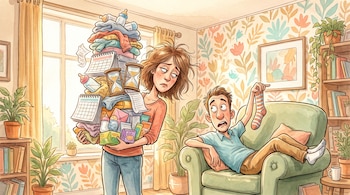 Ilustración de una mujer cargada con ropa, mamaderas y calendarios junto a un hombre sentado en un sillón que sostiene un calcetín.