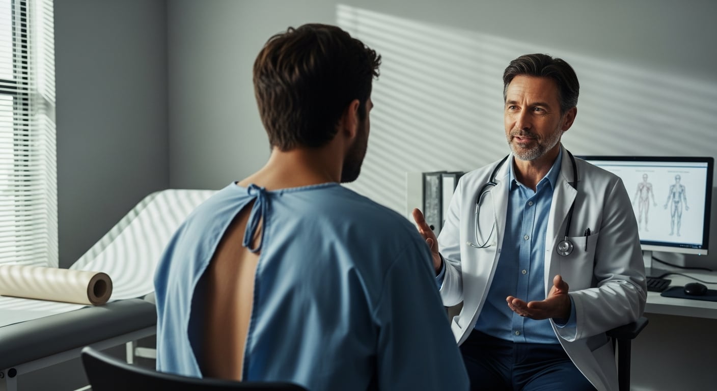Un paciente de espaldas, vestido con una bata médica, escucha atentamente a su médico que le explica detalles sobre su salud, posiblemente relacionados con el cáncer de próstata, en una consulta privada. (Imagen Ilustrativa Infobae)