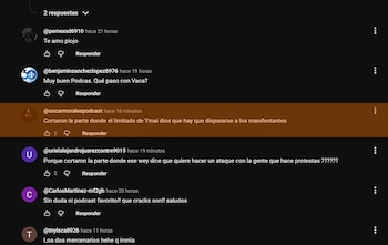 Captura de pantalla de comentarios en una interfaz de fondo oscuro. Se ven perfiles y textos en español, con un comentario en naranja destacando la edición de un video