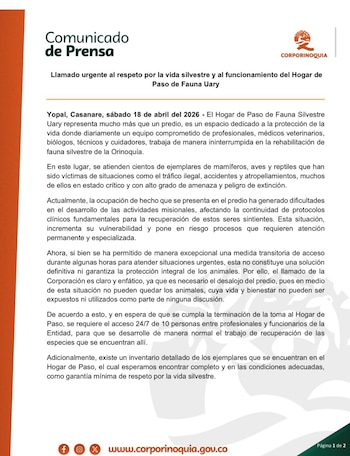 La atención de fauna en recuperación depende de la disponibilidad continua del equipo técnico. - crédito Corporinoquia