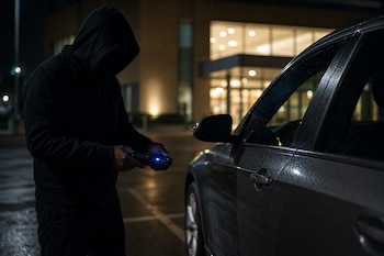 Persona con capucha sostiene un dispositivo electrónico con luz azul cerca de la puerta de un automóvil oscuro.