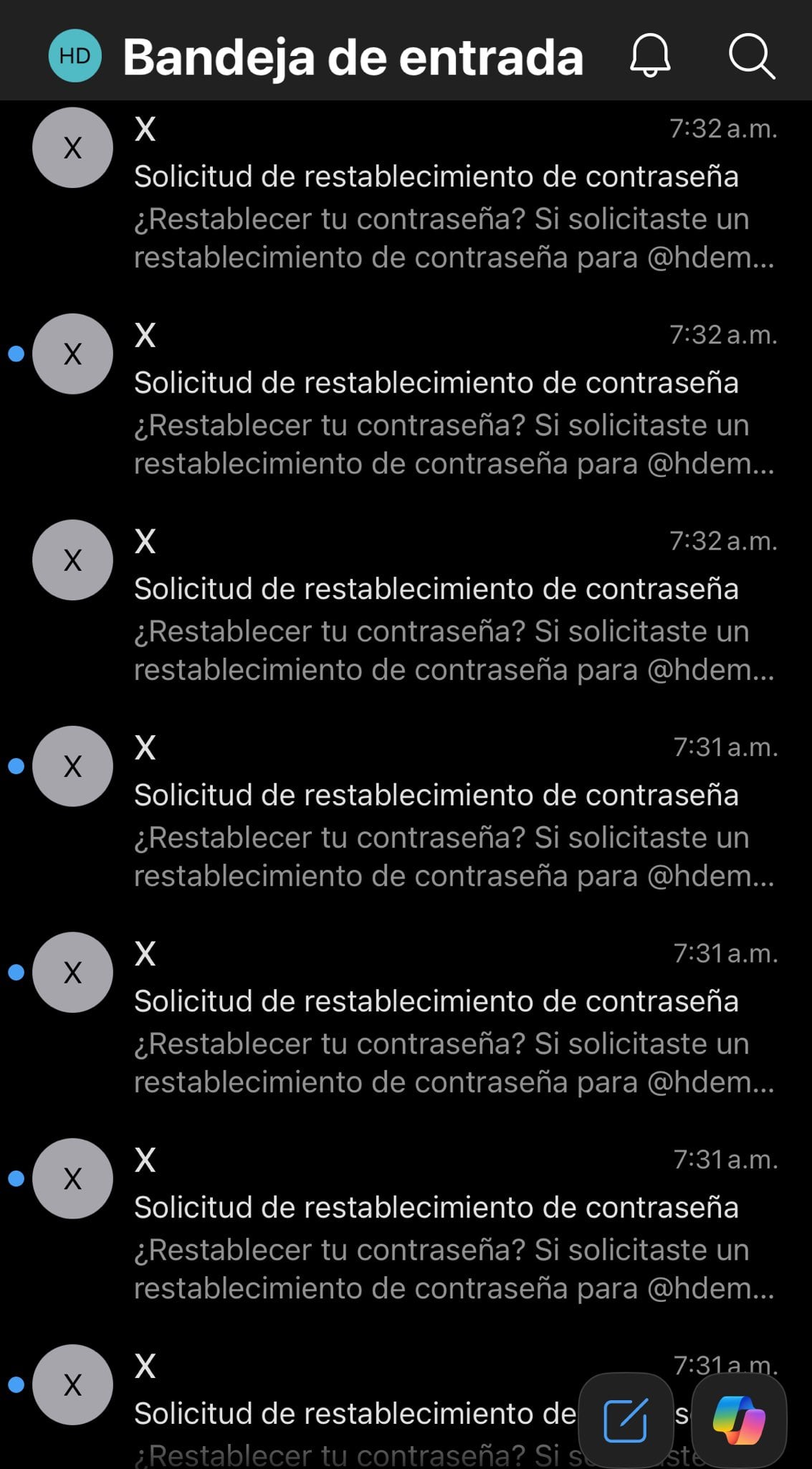 El periodista detalló que recibió, al menos, siete notificaciones por intentos de cambio de contraseña. (Crédito: X | @hdemauleon)
