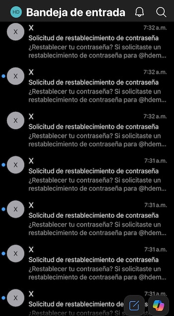 El periodista detalló que recibió, al menos, siete notificaciones por intentos de cambio de contraseña. (Crédito: X | @hdemauleon)