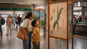 Mujer y niño observan un panel expositivo con una ilustración botánica detallada de una planta y un colibrí, dentro de una estación concurrida del Metro de Lima