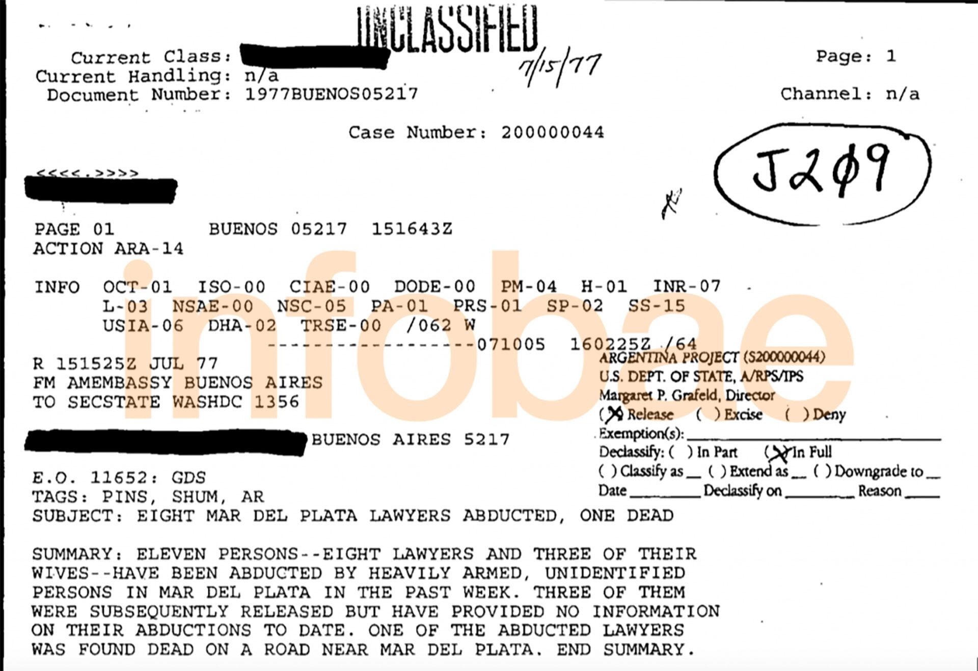 El comienzo del primer telegrama de la Embajada de los EEUU en Buenos Aires sobre la Noche de las Corbatas, desclasificado por el Departamento de Estado