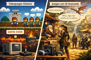 Imagen dividida: izquierda, videojuegos pixelados con personajes sencillos y joystick retro. Derecha, juegos IA con personajes detallados, dragón, castillo, cascada y hardware VR.