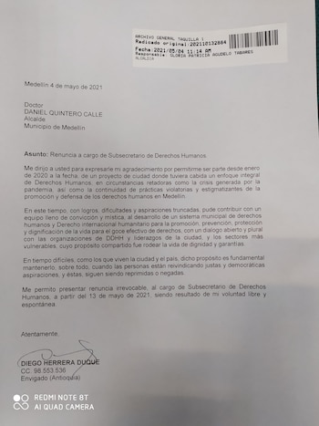 Renuncia del subsecretario de Derechos Humanos-Medellín-05-05-2021