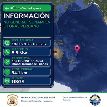 Mapa del océano Pacífico con un marcador rojo sobre las Islas Kermadec y un recuadro informativo con datos técnicos de un sismo