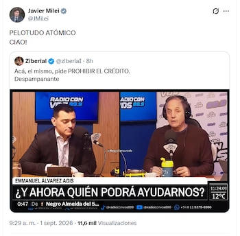 Captura de pantalla de una publicación en la red social X con texto de Javier Milei y un fotograma de una entrevista de Radio Con Vos
