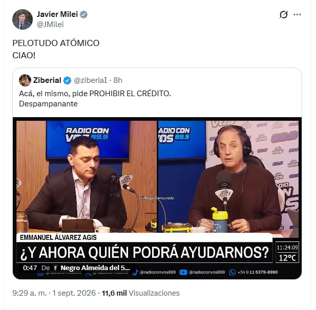 Un mensaje emitido en la red social X por Javier Milei hace referencia a una entrevista radial al economista Emmanuel Álvarez Agis.