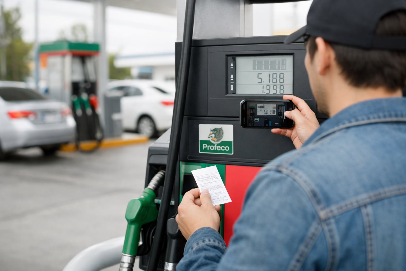 Un ciudadano fotografía el medidor digital de una bomba de gasolina que exhibe un adhesivo de Profeco, mientras compara los datos con su recibo en una estación de servicio mexicana. (Imagen Ilustrativa Infobae)