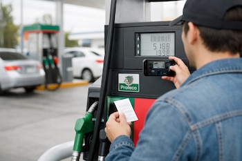 Un hombre de espaldas, con gorra negra y chaqueta de mezclilla, fotografía con su móvil el visor digital de una bomba de gasolina con logo Profeco, sosteniendo un recibo. Vehículos de fondo.