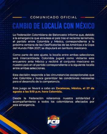 La Federación Colombiana de Baloncesto anunció un cambio de localía con México, al no poder dar garantías logísticas para recibir el partido en este momento - crédito @colombiabasketball/Instagram
