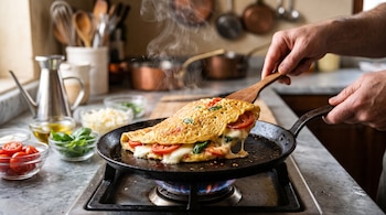 Una sartén sobre el fuego contiene un panqueque relleno levantado por una espátula, junto a cuencos con tomates cherry, albahaca y aceite.