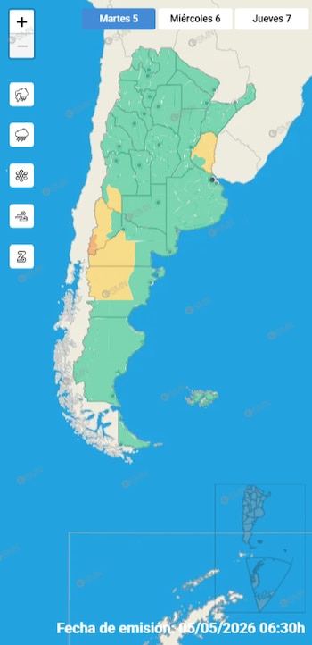Mapa meteorológico de Argentina con regiones coloreadas en verde, amarillo y naranja, indicando niveles de alerta climática para el 5 de mayo