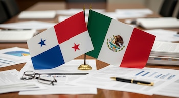 Dos banderas, una de Panamá y otra de México, en un soporte dorado sobre una mesa de madera con documentos, gráficos, unas gafas y un bolígrafo.