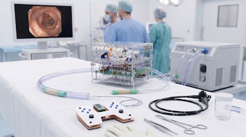 Mesa con instrumental quirúrgico, un prototipo electrónico, tubos y un mando frente a médicos y un monitor con una endoscopia.