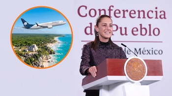 Claudia Sheinbaum habla en un atril oficial, junto a un círculo que contiene un avión de Aeroméxico sobre la costa de Tulum.