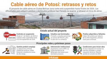 Infografía sobre el cable aéreo de Potosí con una ilustración de teleféricos sobre viviendas e íconos explicativos con texto.