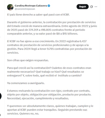 La directora del Icbf, Carolina Restrepo Cañavera, aseguró que pudo haber irregularidades en las contrataciones dentro de la entidad - crédito @carorestrepocan/X